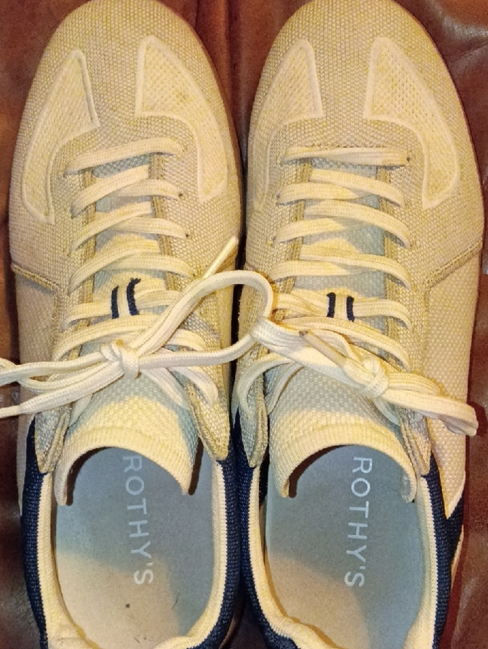 Rothy's Men's Cream Knit Lace-Up Sneakers with Navy Trim Sz 11